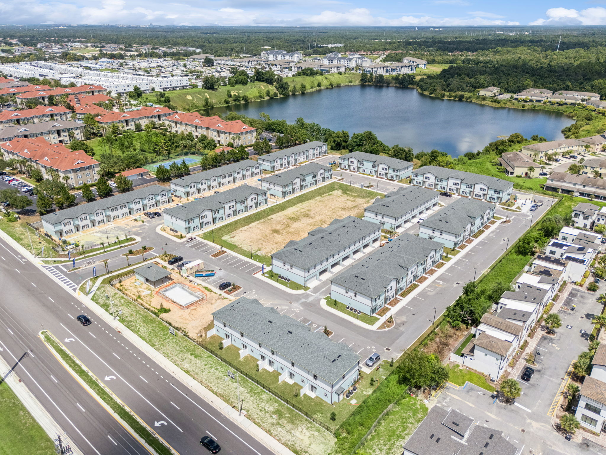 Aerial overview of the 82-unit townhome community